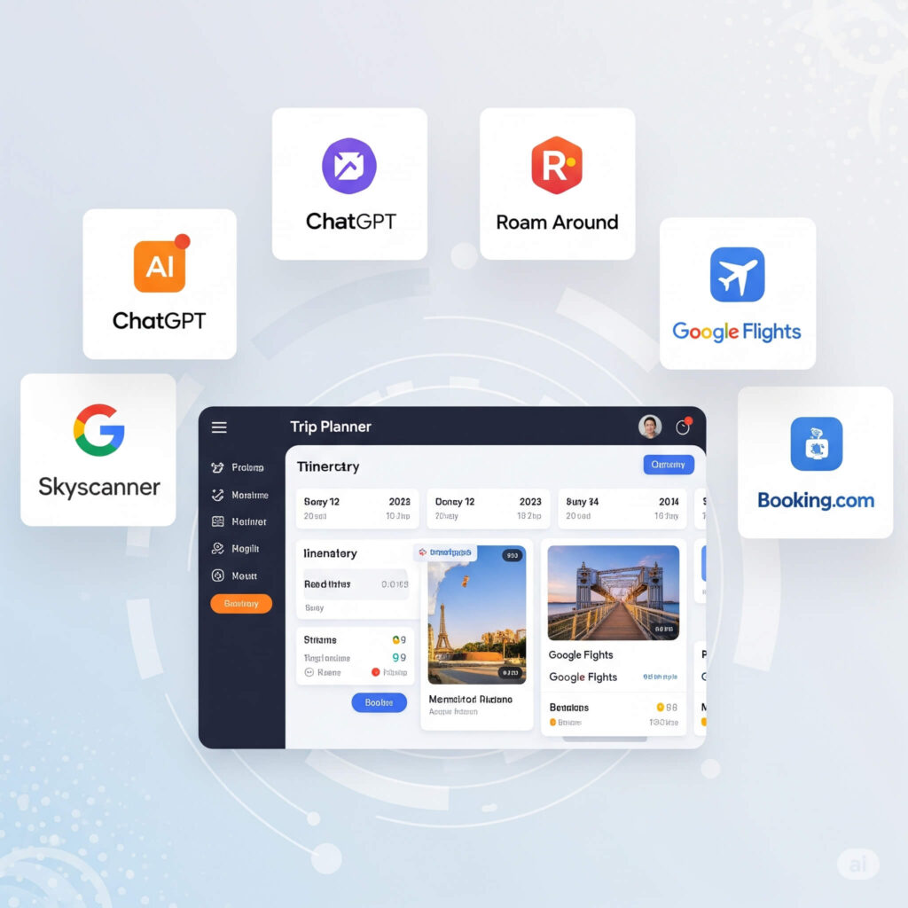AI dashboard view with multiple travel tool logos and a trip planner UI