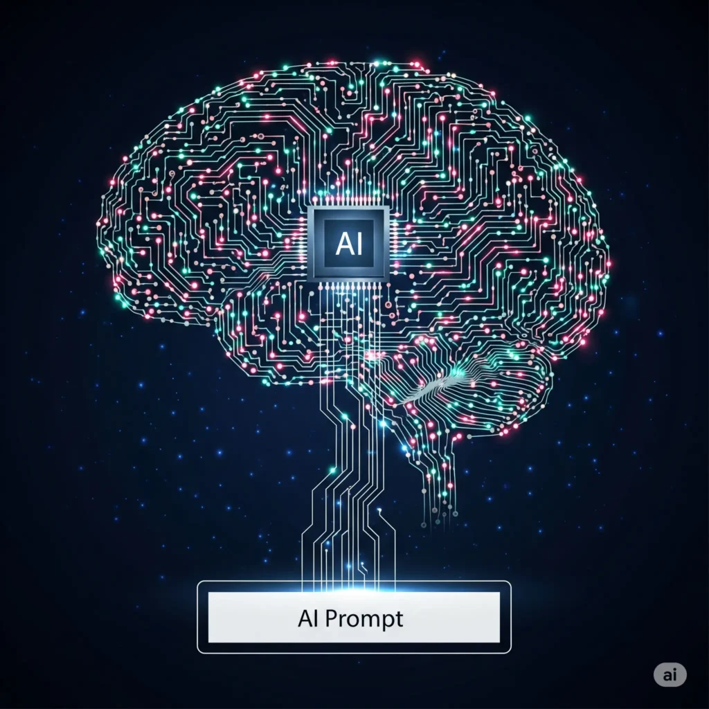 "Illustration of a person using text AI prompts to generate different written content, highlighting text prompts as the foundation.