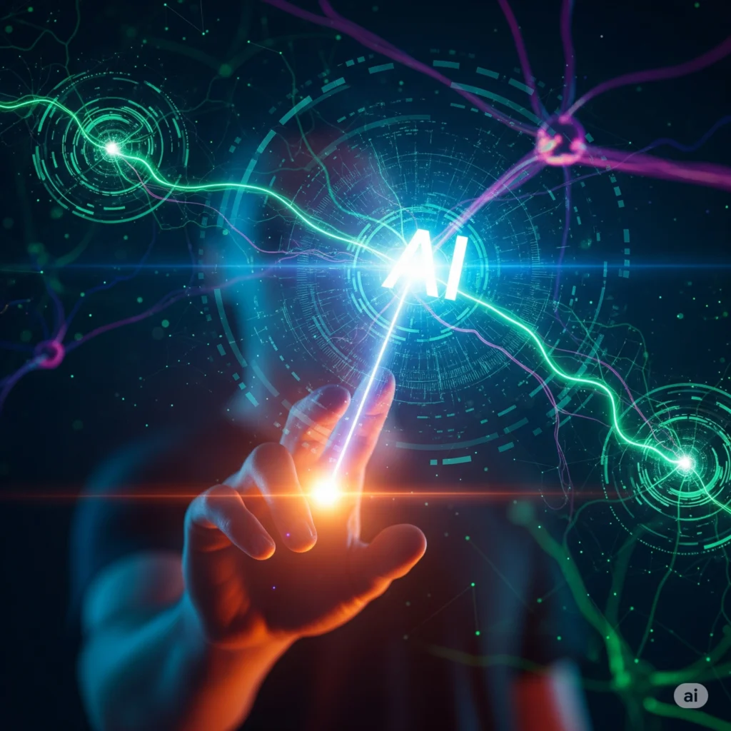 Photorealistic image showing a human hand interacting with a glowing AI prompt, symbolizing communication and understanding of what an AI prompt is.