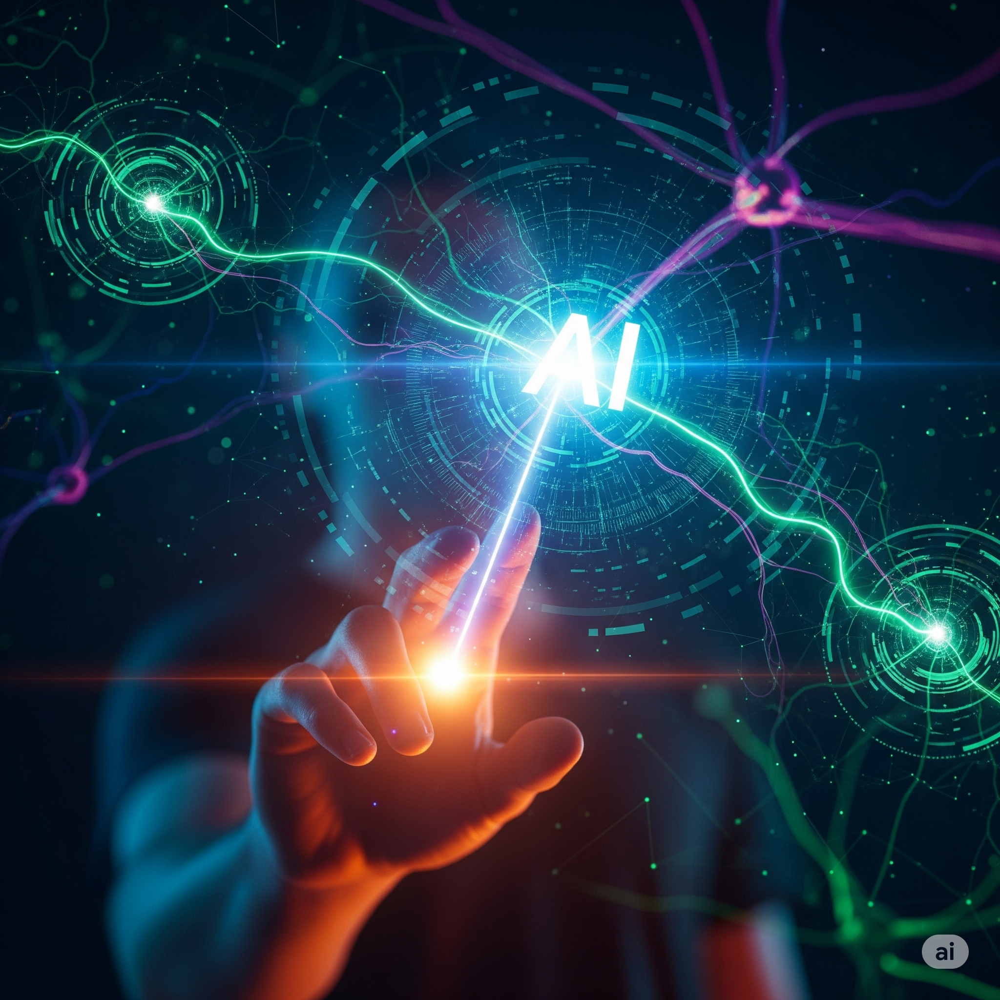 Photorealistic image showing a human hand interacting with a glowing AI prompt, symbolizing communication and understanding of what an AI prompt is.