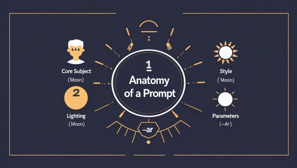 An infographic showing the ideal structure of a Midjourney prompt.