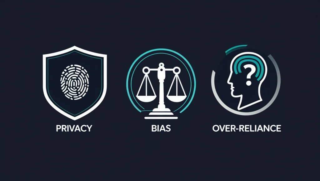 An infographic showing the three key risks of AI in healthcare: privacy, bias, and over-reliance.