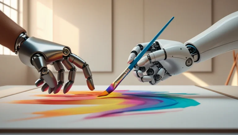 A guide on AI for creative professionals, showing a human and AI hand working together.