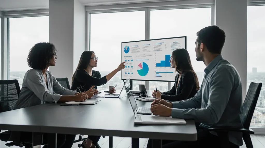 A team collaborating on a human-in-the-loop workflow for managing AI in the workplace.