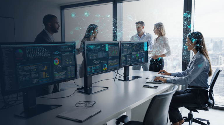 AI workflows automation professionals collaborating on building production-ready systems in modern office