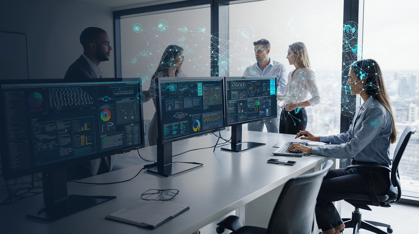 AI workflows automation professionals collaborating on building production-ready systems in modern office