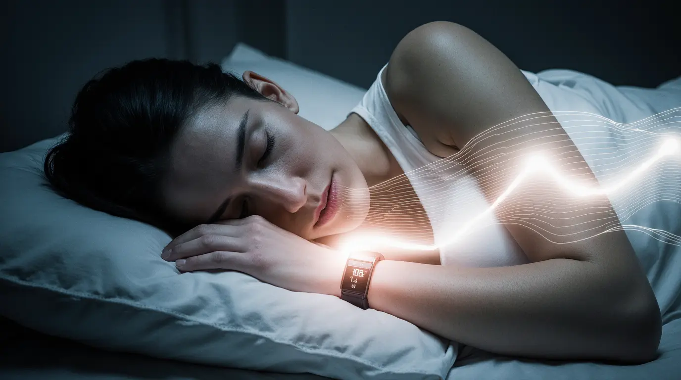 A person enjoying the benefits of AI for better sleep, with a sleep cycle graph shown.