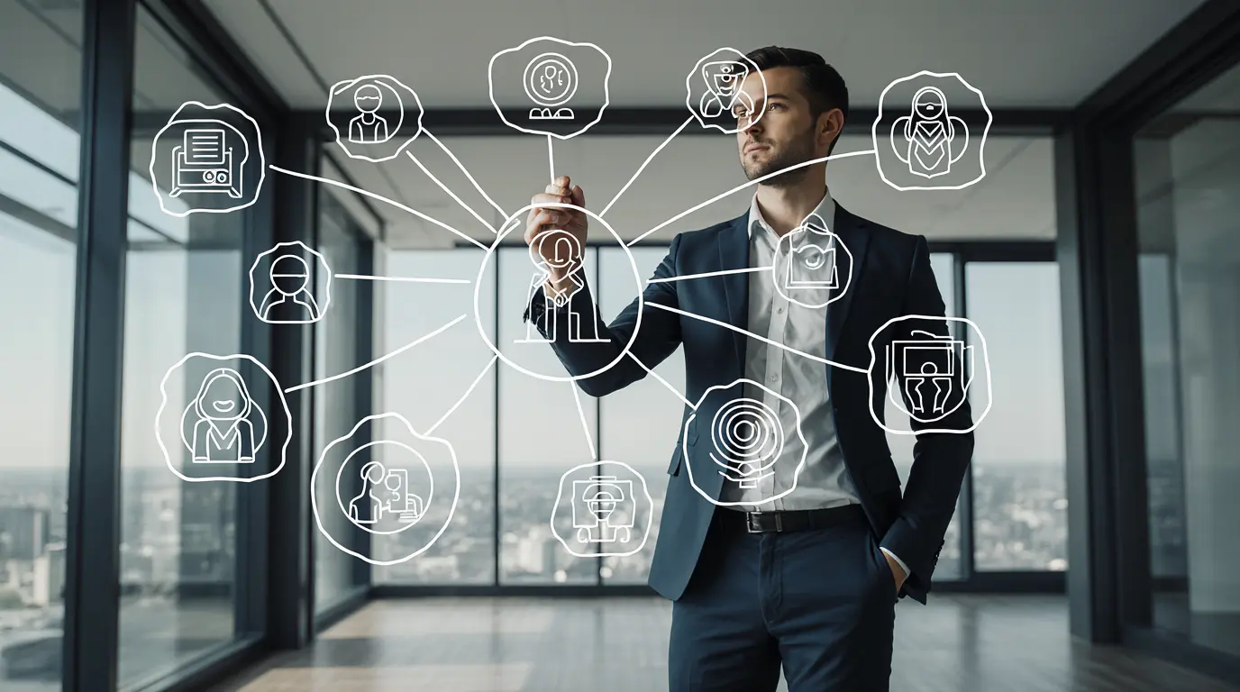 A manager leading a hybrid team with AI, designing a human-AI workflow.