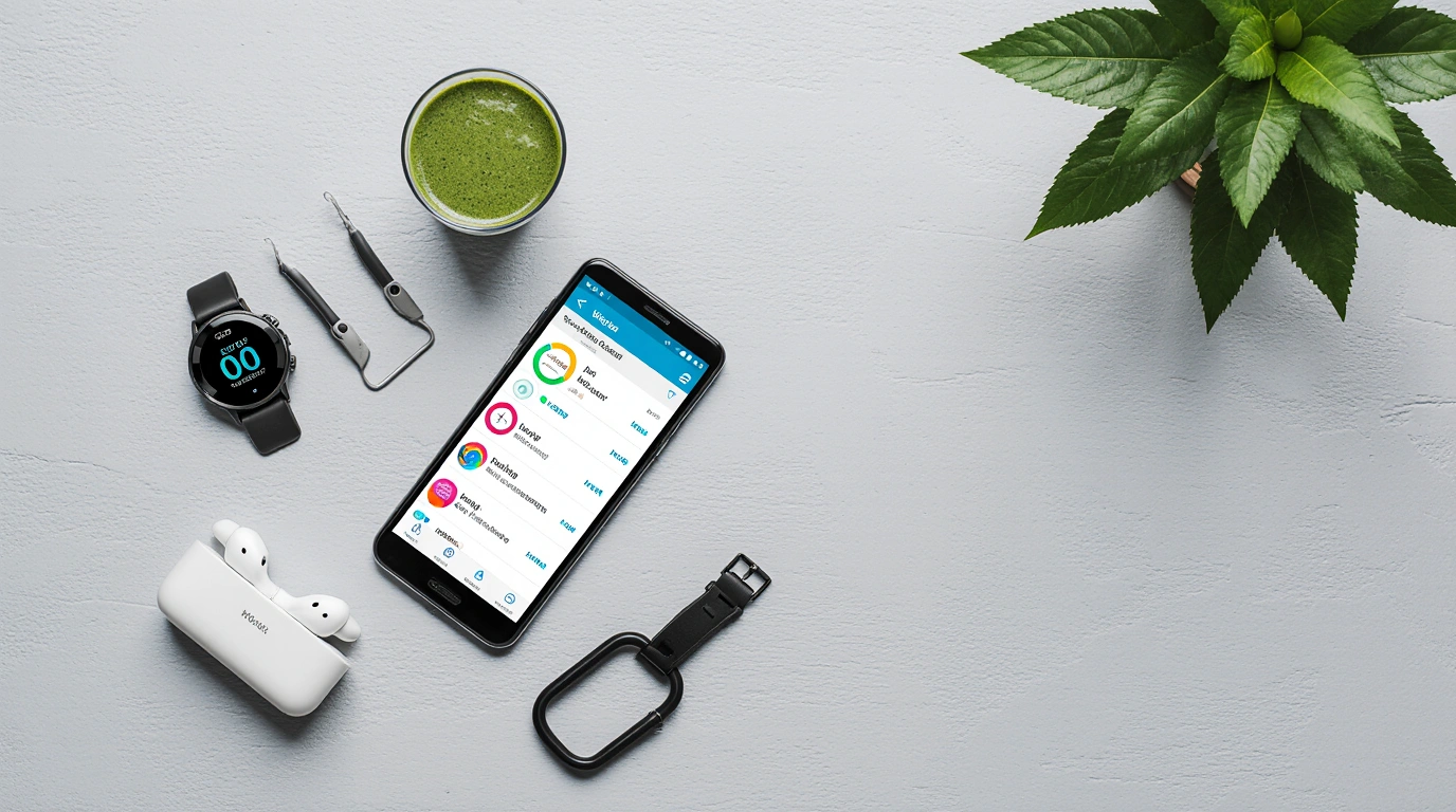 A collection of the best AI wellness tools, including a smartphone app, fitness tracker, and a healthy green smoothie.