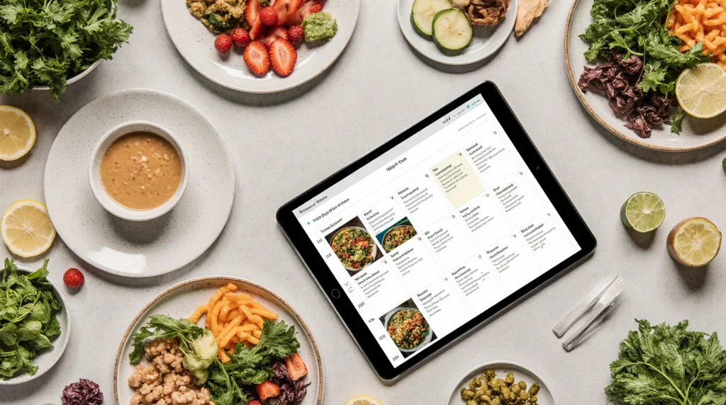 AI-powered personalized meal plan displayed on a tablet surrounded by fresh ingredients.