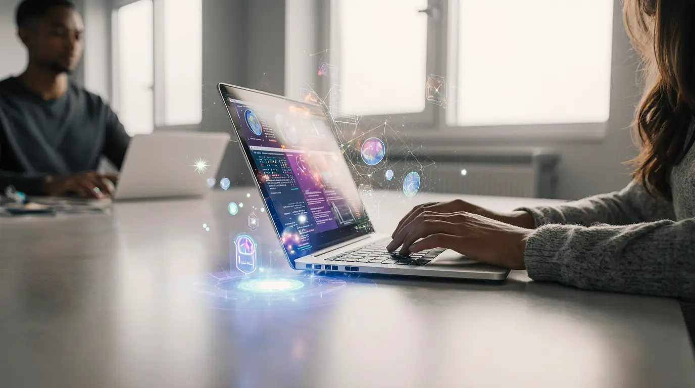 Free AI Tools 2025: Modern workspace with glowing AI interfaces, symbolizing accessible game-changing platforms