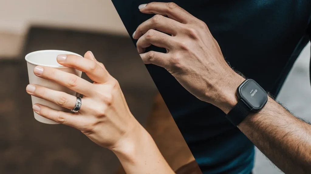 A comparison of the Oura Ring's discreet design versus the Whoop band's athletic design.