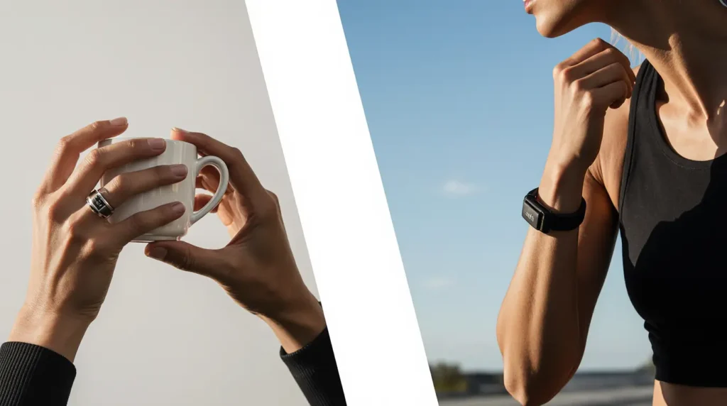 A comparison of the Oura Ring's discreet design versus the Whoop band's athletic design.