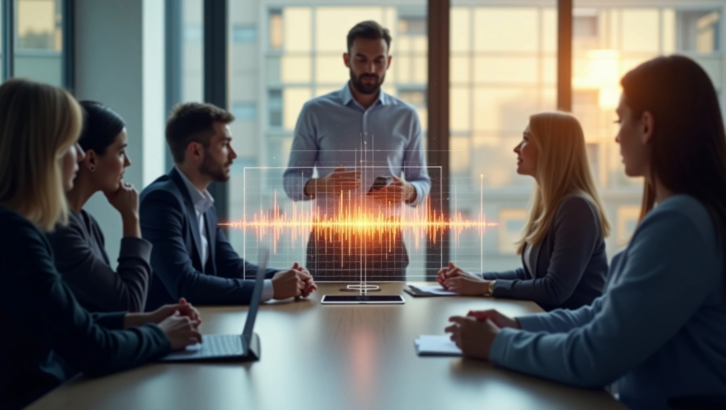 A diverse team in a meeting, using an AI meeting summary prompt for productivity.