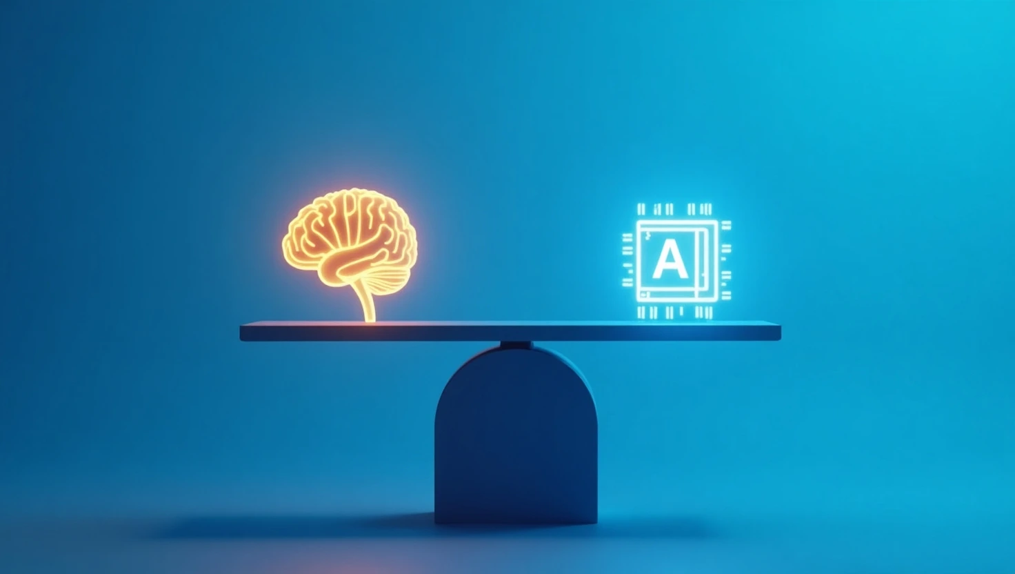 An image of a balanced scale with a human brain and an AI chip, symbolizing the use of AI for decision making.