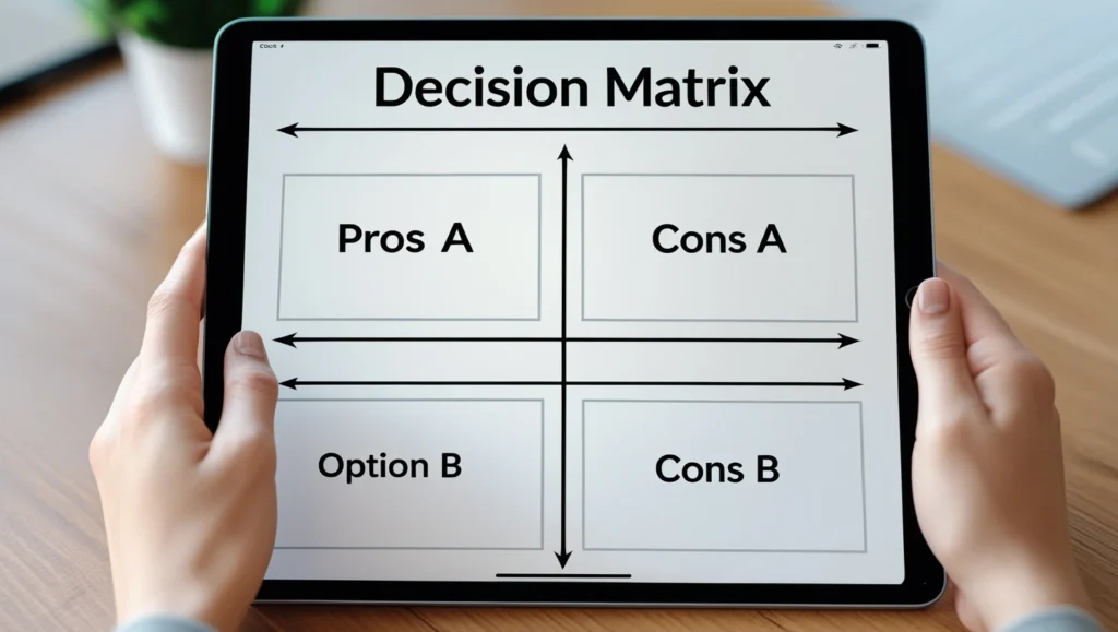 A decision matrix generated by an AI pros and cons generator.