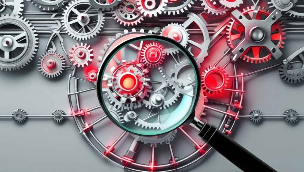 A magnifying glass analyzing a complex process, representing AI for root cause analysis.