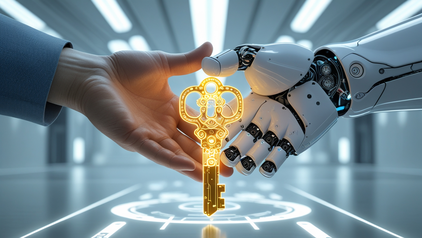 A human hand and a robot hand connecting with a glowing key, symbolizing how prompt engineering explained is the key to AI.