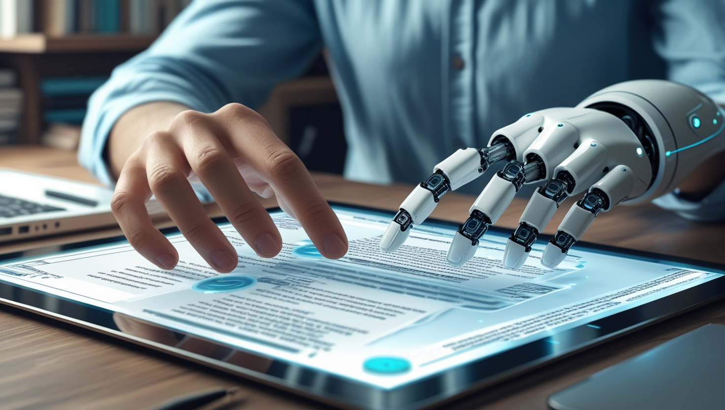 A human and AI hand working together, symbolizing the process to write an article with ChatGPT.