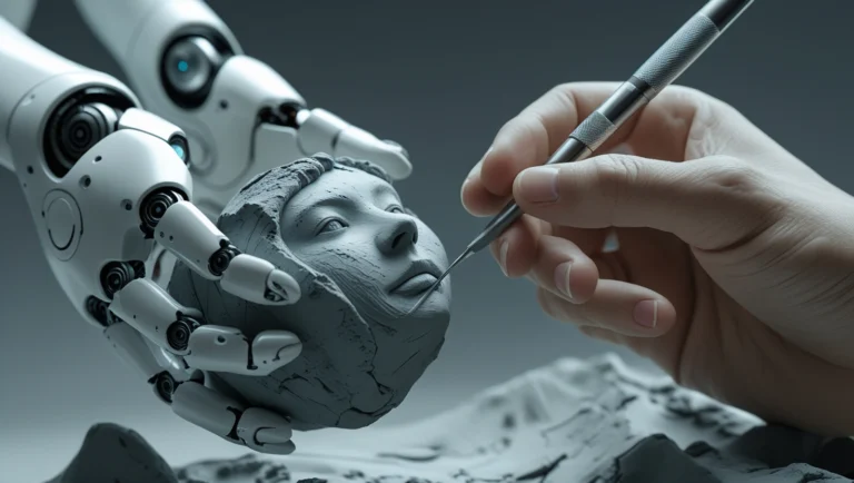 A human hand refining a sculpture created by a robot, symbolizing the process to humanize AI content.