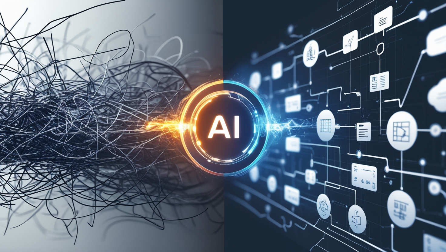 An image showing how AI for process improvement can turn a chaotic workflow into a clear one.