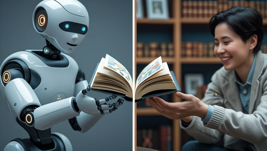 A visual metaphor showing the importance of adding value and humanizing AI content.