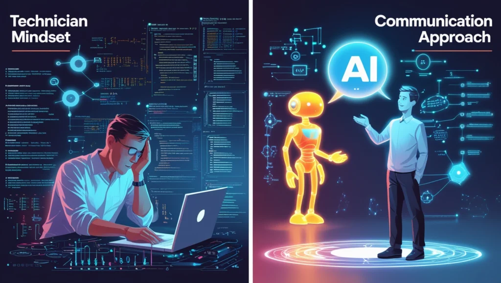 Split screen illustration showing frustrated person with technical approach on left versus confident communicator with AI on right, highlighting the mindset transformation needed for effective prompt engineering