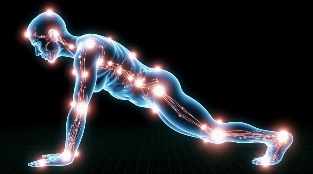 An illustration of computer vision technology tracking a person's joints during an exercise to analyze their form.
