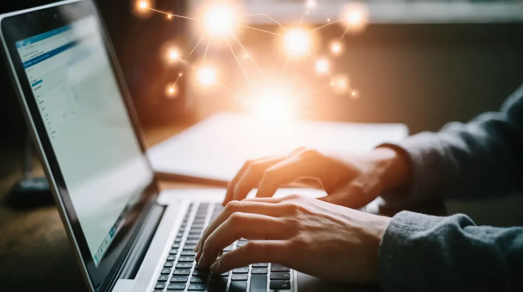 A spark of inspiration emerging from a laptop screen, symbolizing the "aha!" moment of discovering practical AI applications.