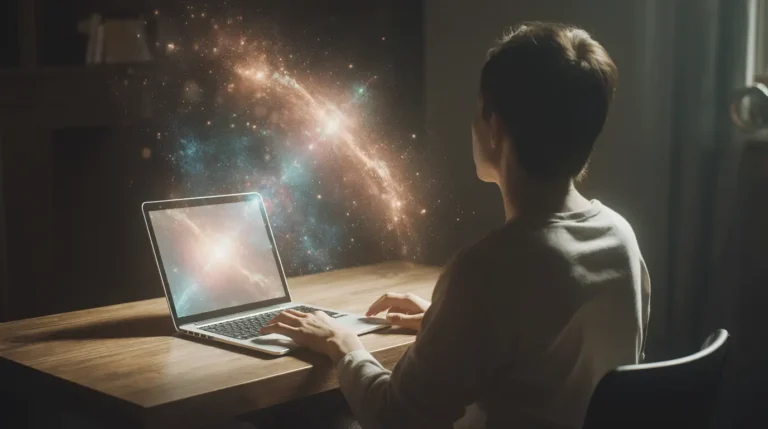 A person sitting at a desk, looking in wonder at an abstract projection of AI technology, symbolizing the start of a Started My Journey Into AI