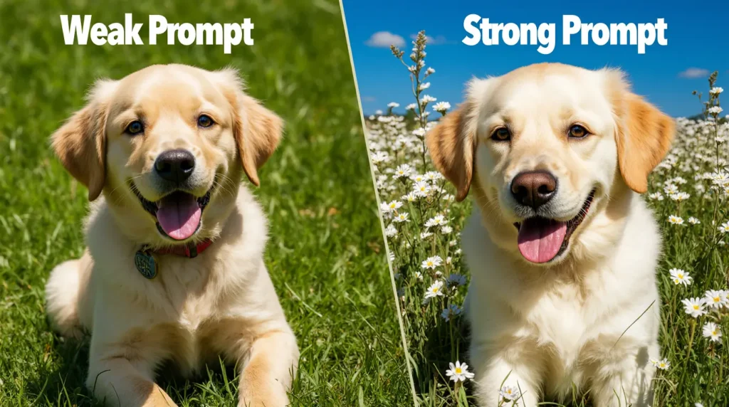 A comparison showing the difference in image quality between a weak Midjourney prompt and a strong, detailed prompt.