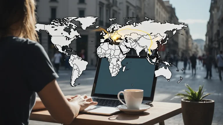 A person using a laptop with a holographic map to plan a vacation with AI, showing a route to Lisbon.