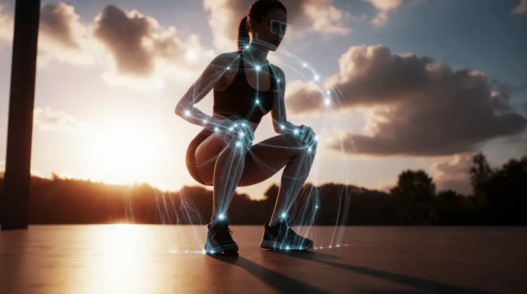A woman training safely at home with an AI fitness coach that provides a holographic overlay for perfect form, demonstrating AI for injury prevention.