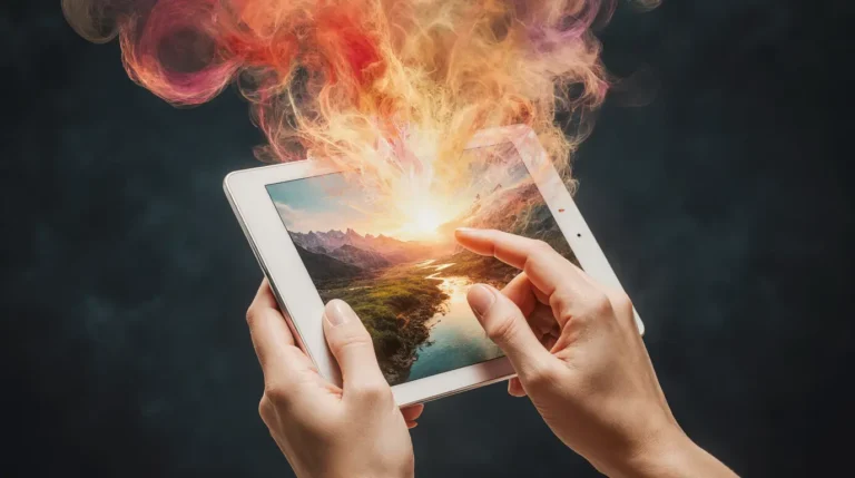 A woman holding a tablet where a digital painting flows out into the real world, representing AI image generation with Midjourney.