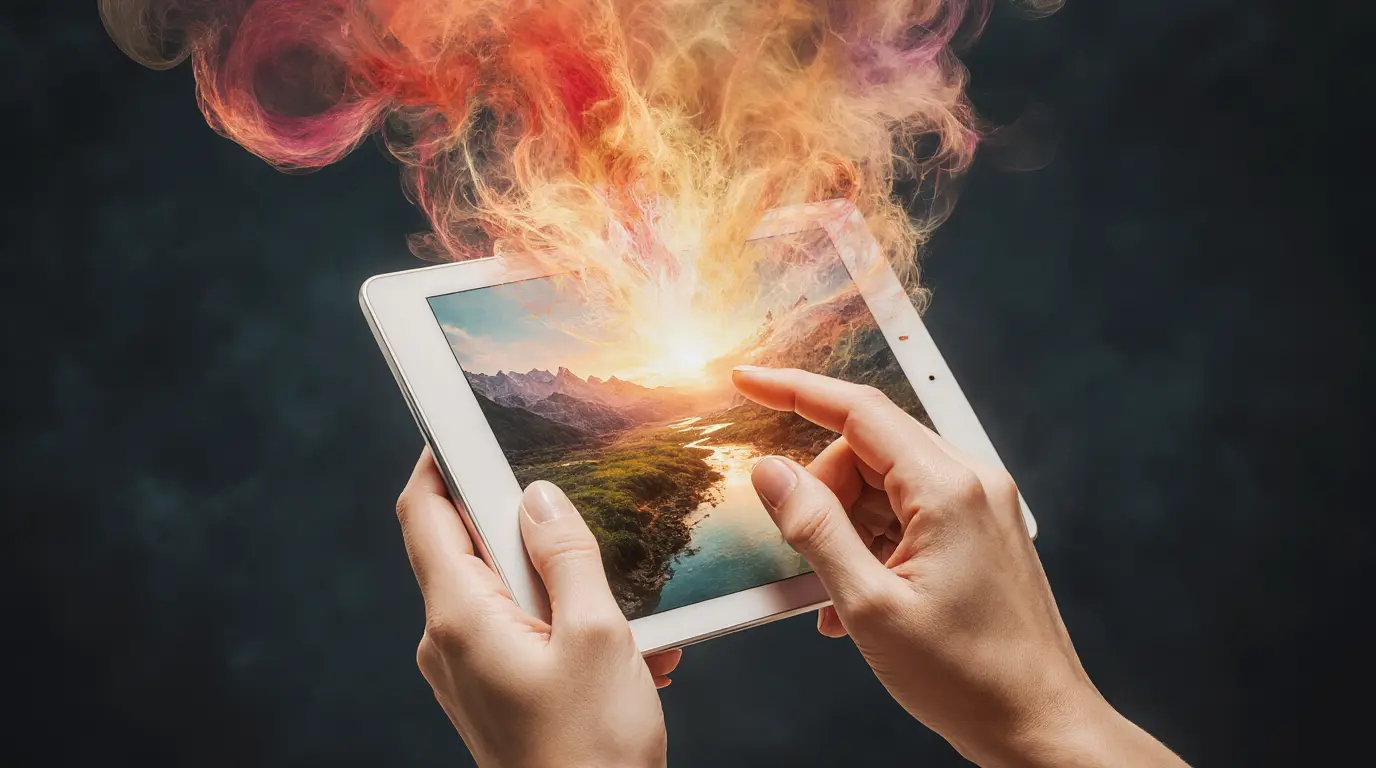 A woman holding a tablet where a digital painting flows out into the real world, representing AI image generation with Midjourney.