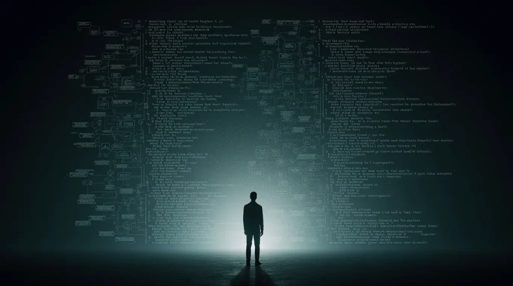 A person feeling intimidated by a massive wall of code, representing the initial fear of learning AI.
