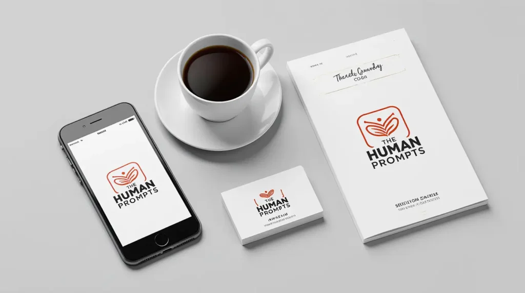 The final logo designed with an AI logo generator displayed on a mug, phone, and business card.