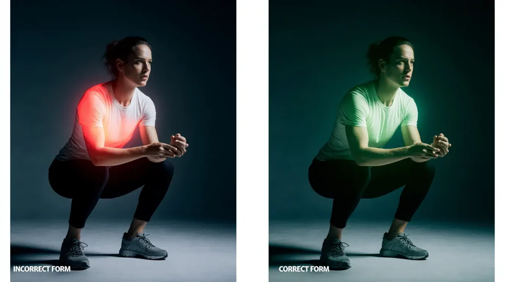 A before-and-after comparison showing an AI fitness coach correcting a person's squat form in real-time.