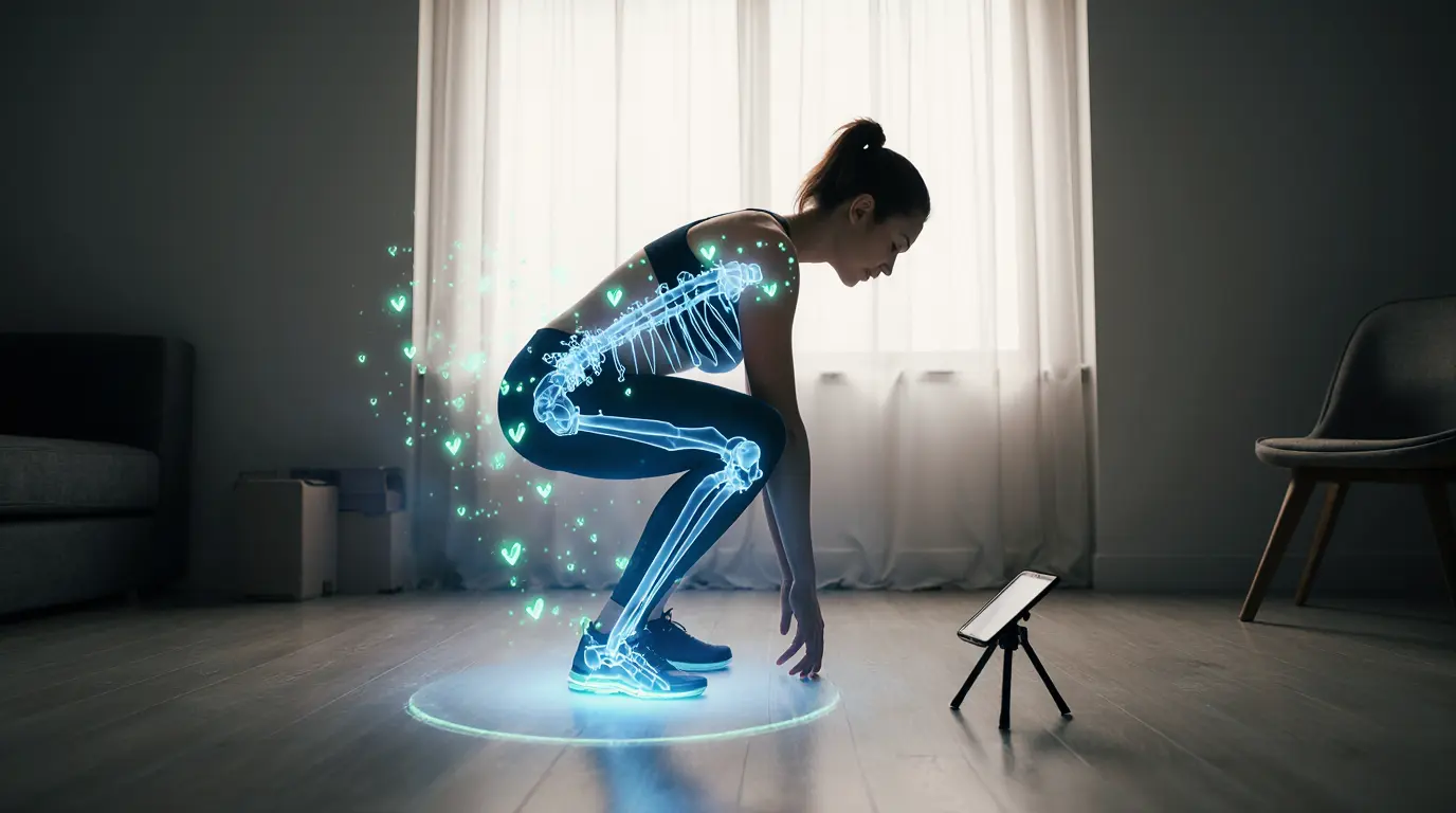 Infographic showing how an AI app to checks exercise form by creating a digital skeleton to detect a squat error.