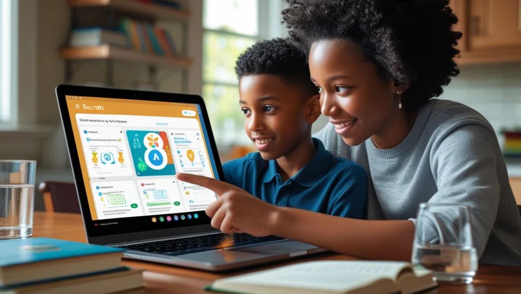 Mother helping her child with homework using AI tools like Socratic by Google, demonstrating parental involvement in digital learning.