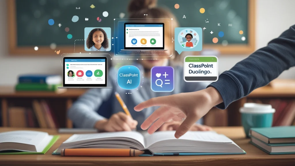 Visual overview of top AI tools for parents and teachers, including Khanmigo, ChatGPT, ClassPoint AI, and Duolingo in action.