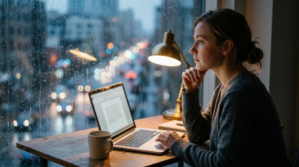 Personne concentrée sur la rédaction assistée par IA.
