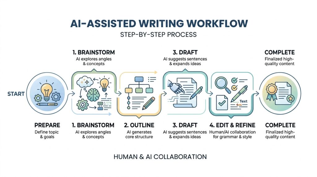 A visual workflow guide showcasing how to use AI Prompts to Overcome Writer’s Block step by step